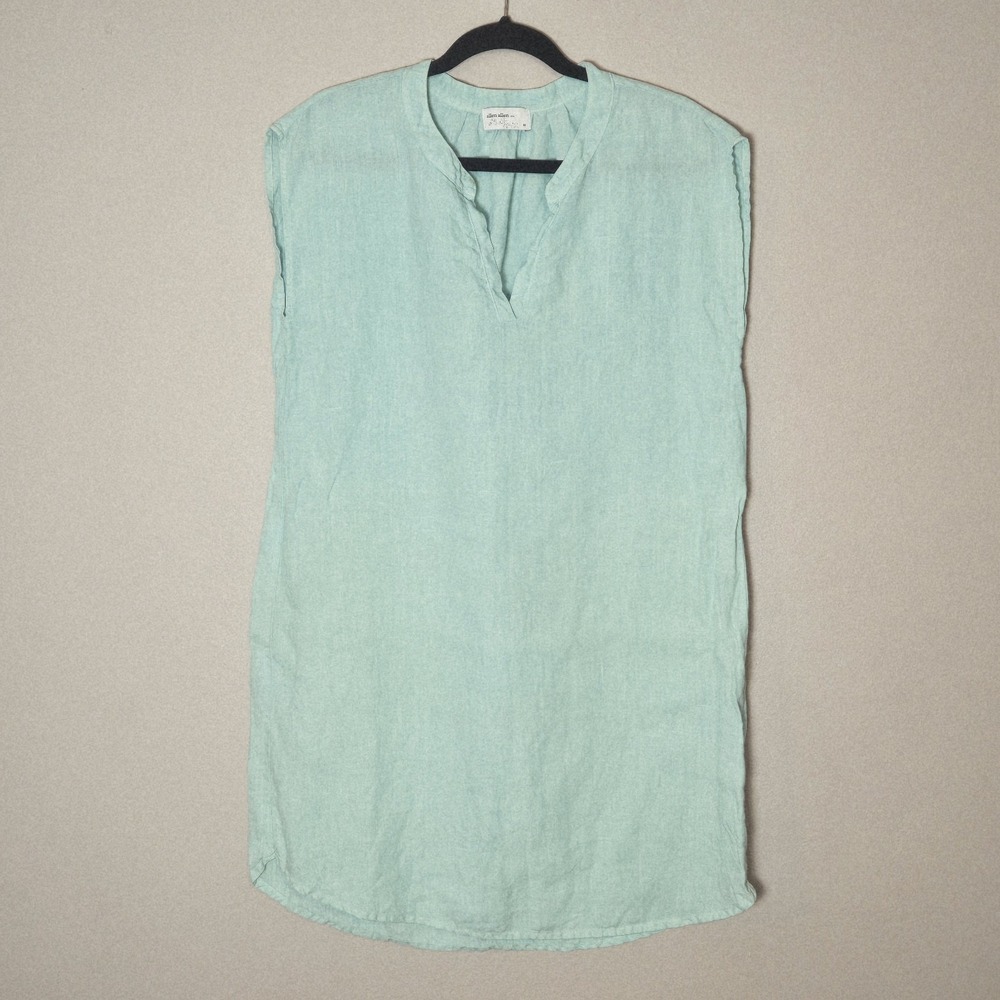 Allen Allen USA Womens Linen Shift Dress Teal Sleeveless V-Neck Pockets Sz M
